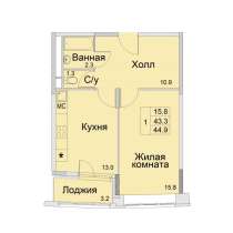 1-к квартира, улица Советская, дом 1, площадь 44,9, этаж 2, в Королёве